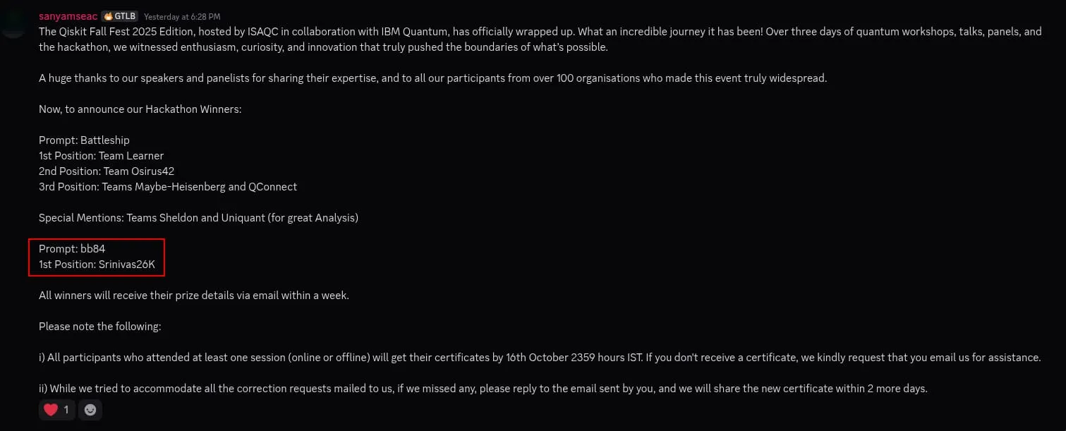 Qiskit Fall Fest Winner